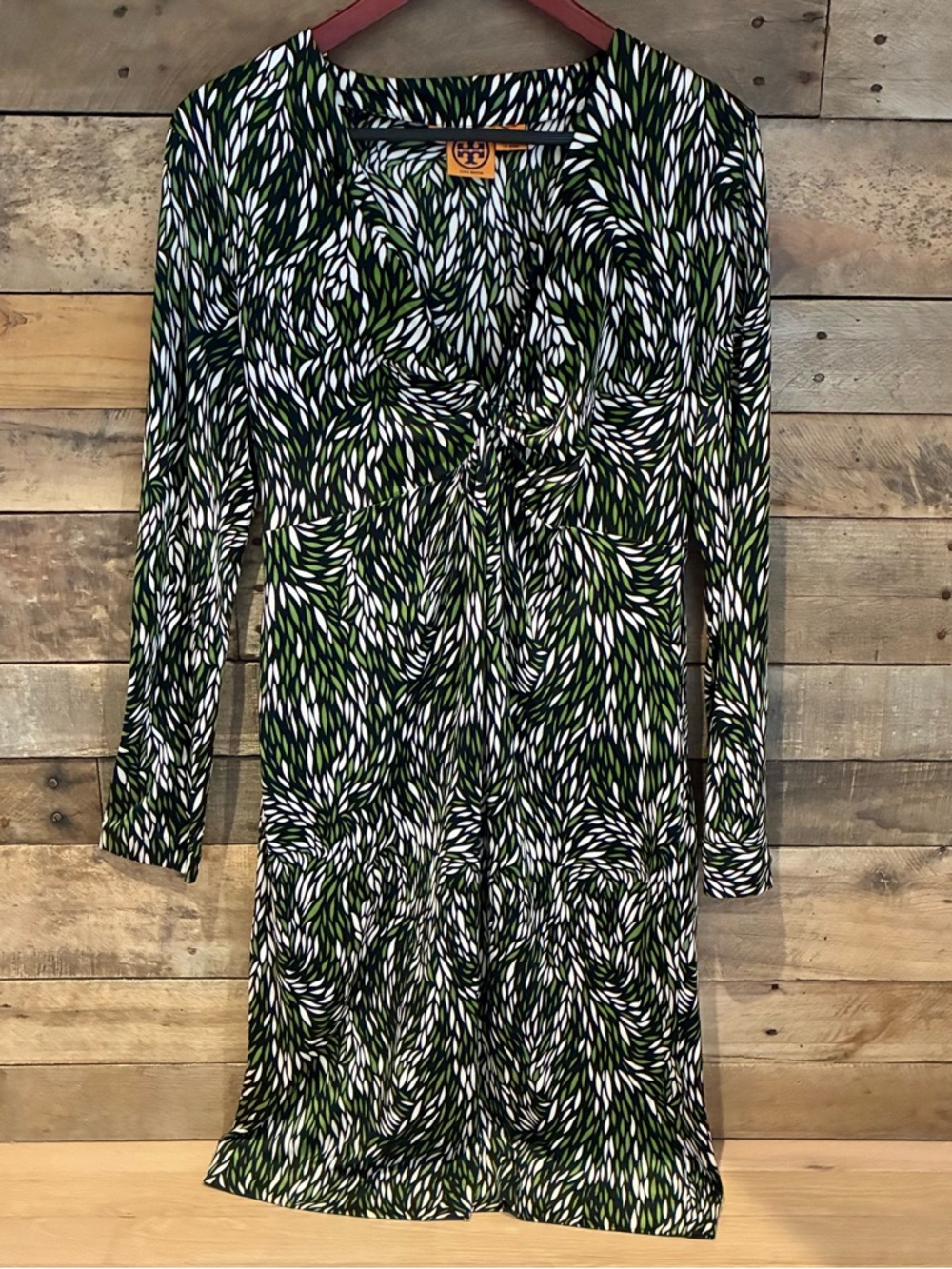 Tory Burch Green Leaf-Print V-Neck Silk Jersey Dress